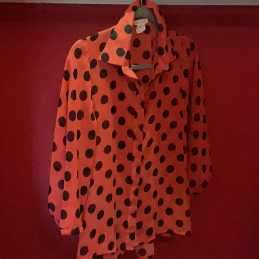 BLOUSE,BUTTON DOWN,  ORANGE WITH BLACK POLKA DOTS